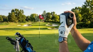 Close-up illustration of a rangefinder viewfinder display with a locked-on flag icon and vibration pulse waves.