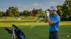 Illustration showing how a golf rangefinder under 200 calculates slope-adjusted distance for uphill and downhill shots.