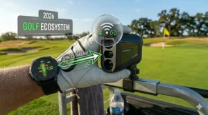 The Garmin Approach Z30 rangefinder syncing yardage data to a golfer's smartwatch via the connected golf ecosystem.