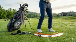 Illustration of a golf swing plane trainer helping a player maintain a consistent arc.