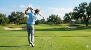A golfer using a 5 wood to hit a long approach shot from the fairway toward the green.