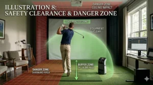 A safety diagram highlighting the necessary buffer zones and danger areas for a full driver swing in a home golf simulator environment.