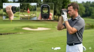 A diagram showing the point-and-shoot method for measuring distance to the pin with a golf laser rangefinder.