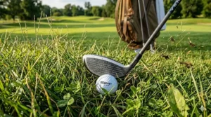 A hybrid club head hitting a golf ball out of thick rough, demonstrating its versatility over a fairway wood.