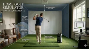 A detailed 4K diagram showing the minimum ceiling height, width, and swing depth requirements for a home launch monitor setup.
