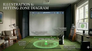 A diagram showing the optimal ball placement and sensor positioning for accurate tracking with home-use launch monitors.