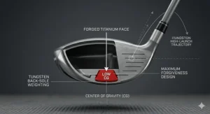 Technical diagram showing low center of gravity placement in a 3 wood to help high handicappers launch the ball higher.