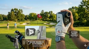 Graphic showing a golf rangefinder securely attached to a metal golf cart frame using a built-in magnet.