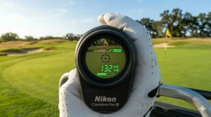 A golfer using the Nikon Coolshot Pro III Stabilized rangefinder to lock onto a pin with image stabilization technology.