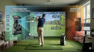 A photorealistic diagram in a detailed home simulator comparing the camera-based measurement zone of a photometric launch monitor with the radar-based tracking zone of a Doppler launch monitor.