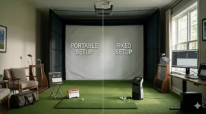 A split-view illustration comparing a compact, portable launch monitor with a permanent, fixed home golf simulator installation.