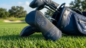 A stylish leather headcover fitted on a 5 wood club tucked into a golf bag.