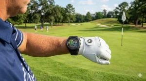 The Shot Scope X5 premium golf watch displaying automated performance tracking and strokes gained analytics on the green.