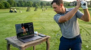 A digital golf swing analyzer attached to a club providing real-time feedback on a smartphone.