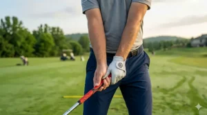 A golfer using a weighted swing trainer to increase clubhead speed and core strength.