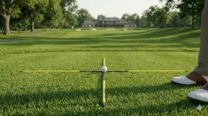 Two bright orange alignment sticks used by a beginner golfer to master basic setup fundamentals.