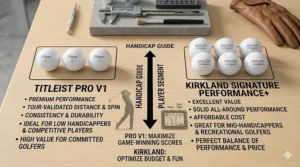 Recommendation chart for mid-to-high handicappers choosing between Kirkland and Pro V1 based on budget and skill.
