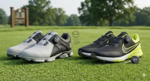 Close-up of the BOA fit lacing systems on FootJoy HyperFlex and Nike Victory Tour 4 models.