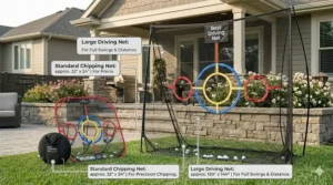 A diagram comparing the dimensions of a standard chipping net versus a large driving net.