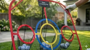 Close-up of a chipping net featuring three distinct target pockets for accuracy training.