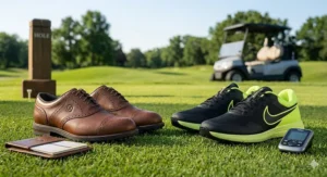 Comparison of a traditional leather FootJoy Premiere against a modern, athletic Nike Infinity Tour.