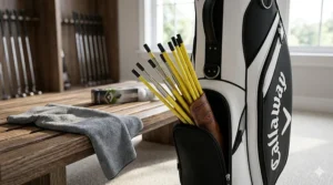 Three collapsible golf alignment rods stored neatly in a golf bag side pocket.