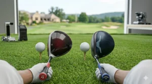 Top-down view of TaylorMade and Callaway drivers at address to compare crown aesthetics and alignment aids.