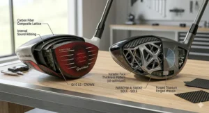 Diagram showing the internal construction and carbon crown materials of TaylorMade and Callaway drivers.