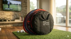 A chipping net collapsed into a small circular carrying bag for easy transport.