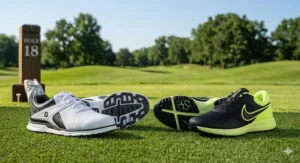 Side-by-side 4K comparison of FootJoy Pro/SL and Nike Victory Pro 4 golf shoes on a sunny fairway. footjoy vs nike golf shoes