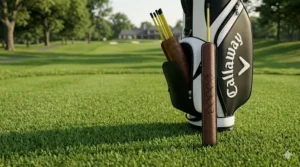 Using golf alignment sticks to create a visual target line for long-range driving practice.