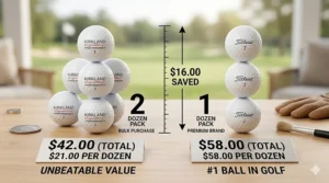 Infographic showing the price per dozen for Kirkland Signature vs Titleist Pro V1 golf balls.