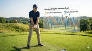 A comparative graph visualizing a jerky, rushed golf swing tempo versus the smooth, ideal rhythm developed by Orange Whip training.