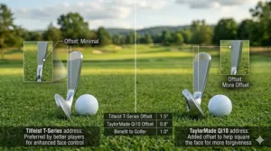 Top-down address view of Titleist and TaylorMade irons comparing the amount of offset to help square the clubface.
