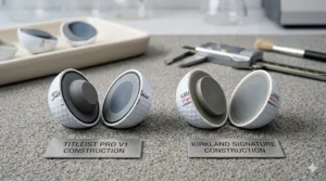 Cross-section diagram showing the 3-piece construction of Kirkland Signature and Titleist Pro V1 balls.