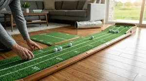 A 10-foot long putting mat for home use allowing for various distance-based golf drills.