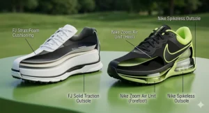 Cutaway view comparing FootJoy StratoFoam to Nike Zoom Air units with technical labels.