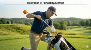 A photorealistic action shot showing the Orange Whip trainer sliding easily into a standard golf bag for storage and transport.