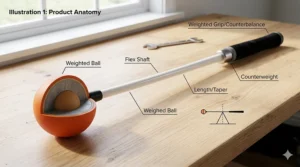 A detailed photorealistic anatomy diagram showing the counterweight grip, flexible shaft, and large orange ball of the Orange Whip trainer.