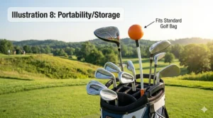 A golfer utilizing the weighted Orange Whip trainer for dynamic core rotation and shoulder flexibility stretches during a warm-up.