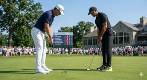 Two PGA Tour players on a green, one wearing classic FootJoy and the other in modern Nike shoes.