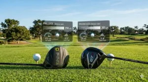 Illustration showing the impact stability and MOI (Moment of Inertia) ratings of Ping vs Titleist driver heads.