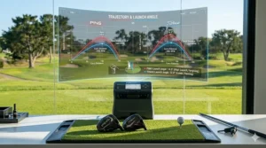Vector graphic demonstrating the different ball flight trajectories and launch angles of Ping and Titleist drivers.