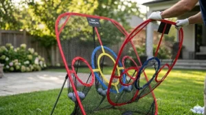 A portable pop-up golf chipping net being unfolded for quick practice sessions.