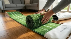 A compact putting mat for home being rolled up for easy storage in a closet.