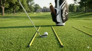 A stylish leather alignment stick cover protecting graphite rods in a luxury golf bag.