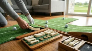 A golf putting mat with adjustable foam wedges to simulate breaking putts at home.