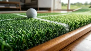 Close-up detail of the high-quality turf fibers on a professional home putting mat.