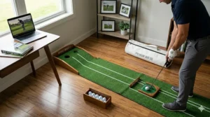 A narrow putting mat placed in a home office for quick practice breaks during work.