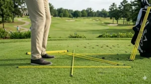 Professional golf alignment sticks setup on grass to demonstrate correct swing plane angles.